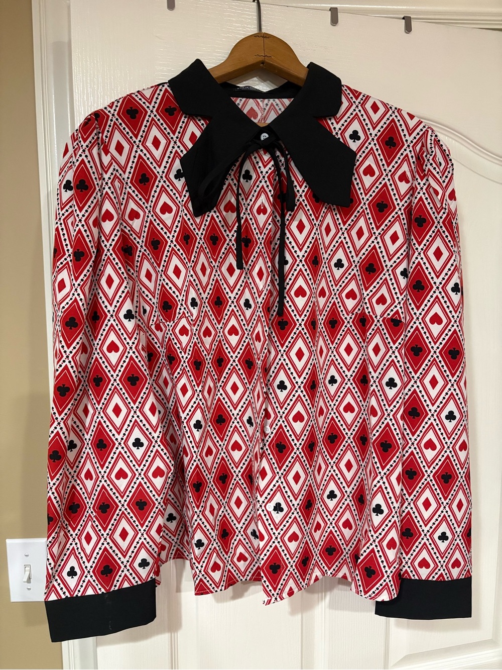 NWOT- SHEIN- Red Patterned Long-Sleeve Blouse with Black Collar and Tie